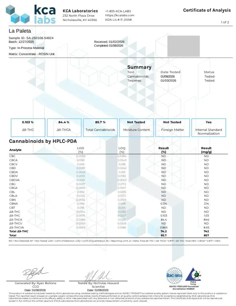 La Paleta - LIVE ROSIN - Indica Exotic 90u T1 - CaliGreenGold
