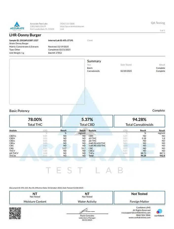 LIVE ROSIN - Donny Burger Indica 2g Exotic 90u T1 - CaliGreenGold