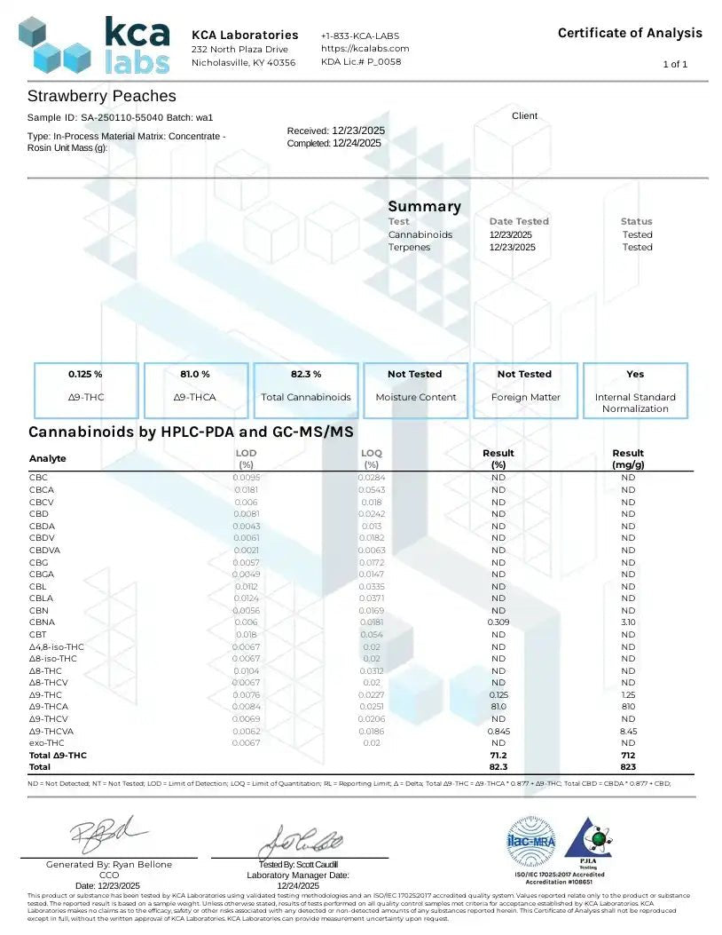 Strawberry Peaches - LIVE ROSIN - Hybrid Exotic 90u T1 - CaliGreenGold
