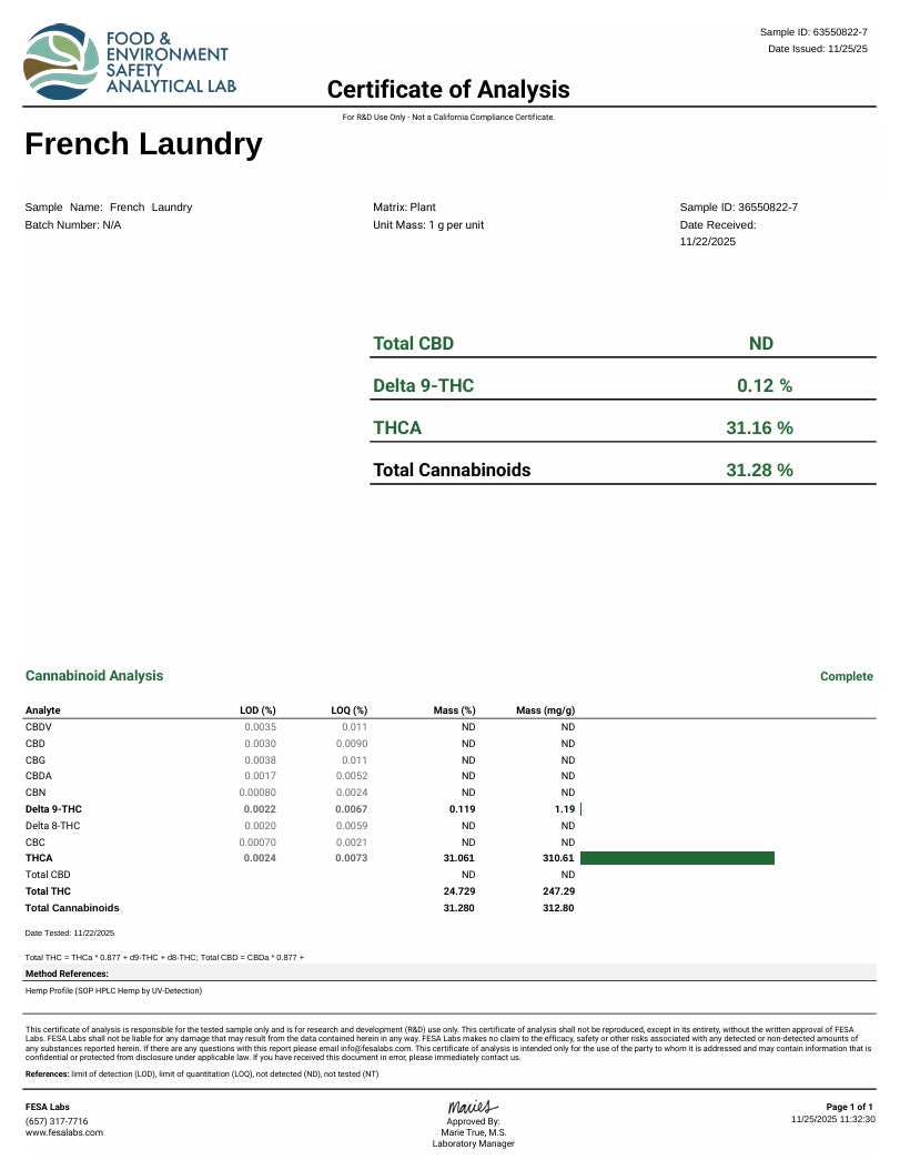 French Laundry Exotic Indoor THCA Flower Hybrid - CaliGreenGold