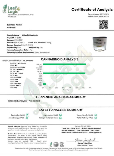 LIVE ROSIN - Hibachi Indica 2g Top Shelf T2 - CaliGreenGold