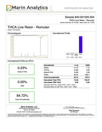 LIVE ROSIN - Romulan Indica 2g Exotic 90u T1 - CaliGreenGold